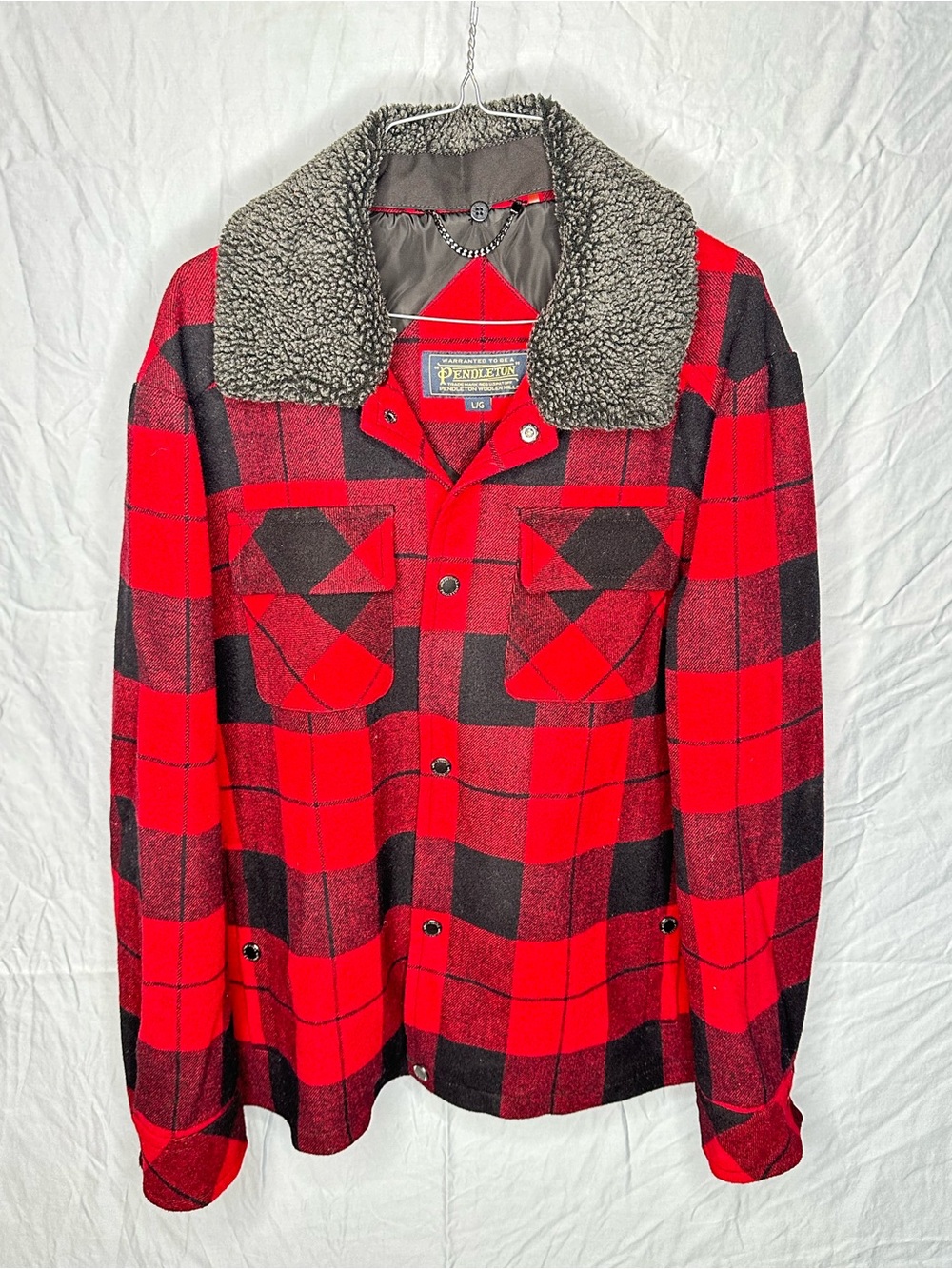 Pendleton Men’s Large Sherpa Collar Buffalo Plaid Wool Jacket Red Black